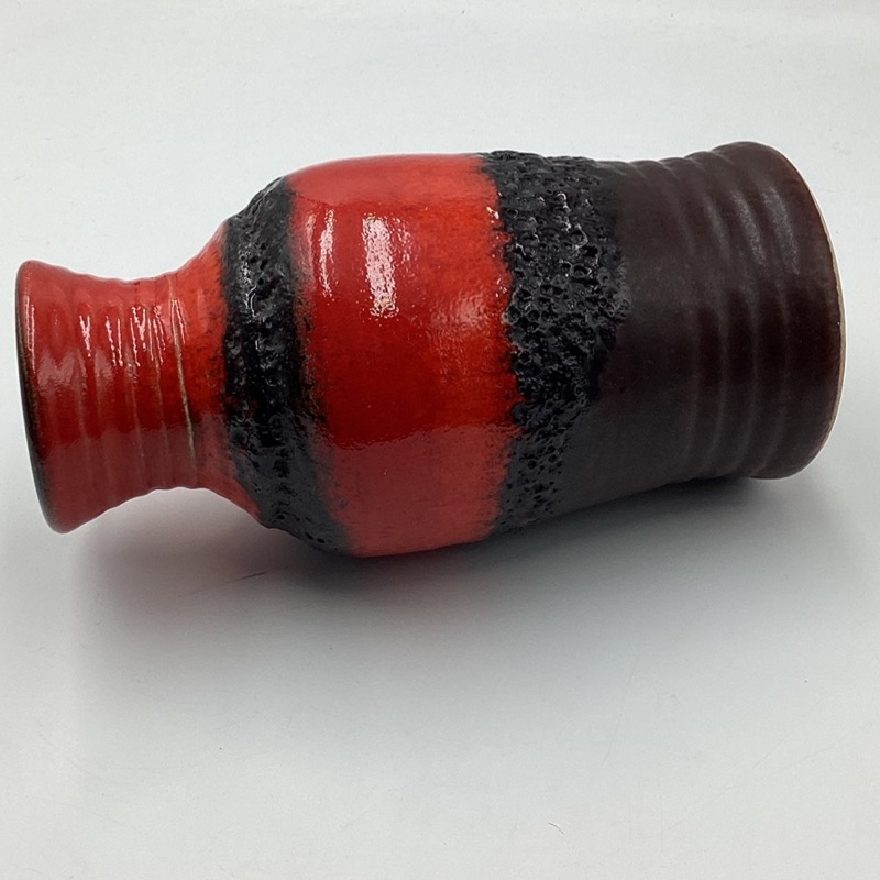 BAY West Germany 630-20 Fat Lava vase with red and black textured lava glaze, 20cm tall mid-century ceramic vase
