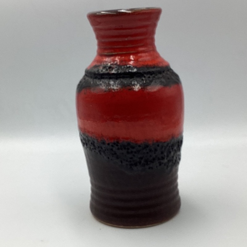 BAY West Germany 630-20 Fat Lava vase with red and black textured lava glaze, 20cm tall mid-century ceramic vase