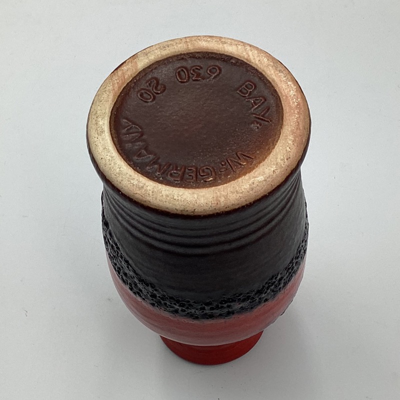 BAY West Germany 630-20 Fat Lava vase with red and black textured lava glaze, 20cm tall mid-century ceramic vase