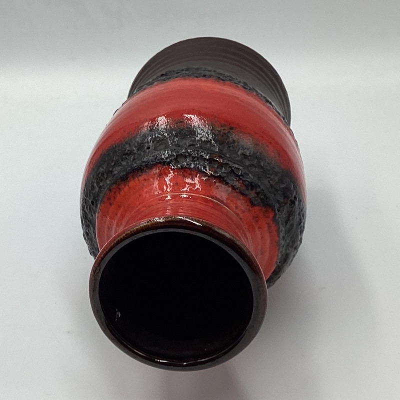BAY West Germany 630-20 Fat Lava vase with red and black textured lava glaze, 20cm tall mid-century ceramic vase
