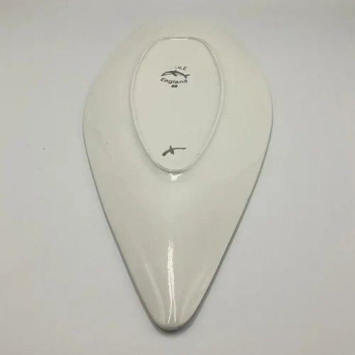 Reverse of Poole Delphis spear dish showing Poole Pottery factory mark and decorator mark