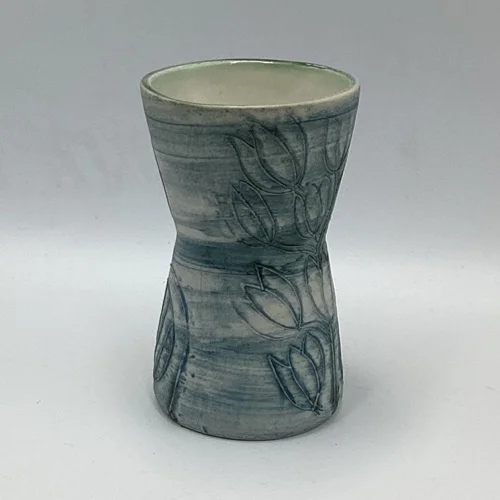 Carn Pottery Cornwall blue-grey studio vase with incised botanical decoration and N33 base mark