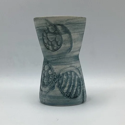 Carn Pottery Cornwall blue-grey studio vase with incised botanical decoration and N33 base mark