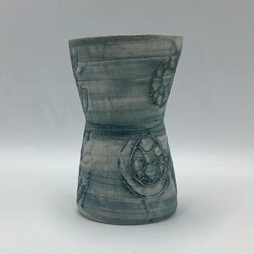 Carn Pottery Cornwall blue-grey studio vase with incised botanical decoration and N33 base mark
